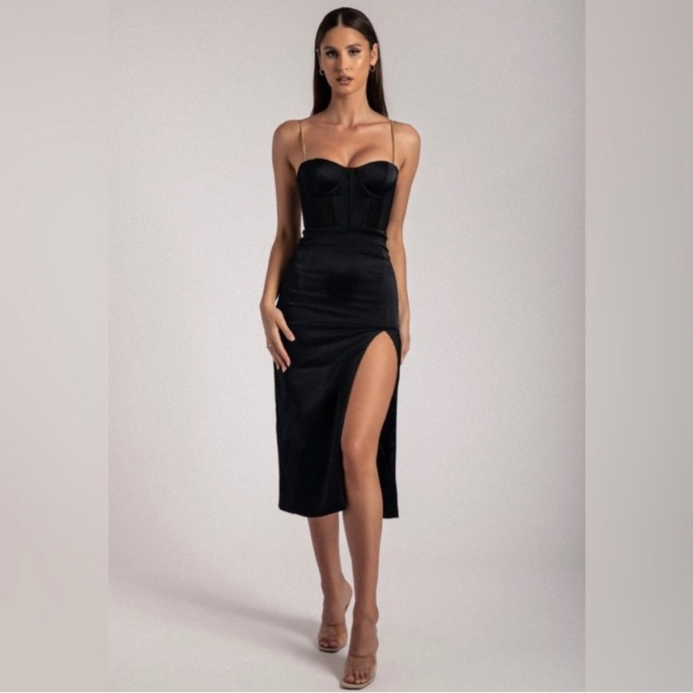 Meshki Black Strapless Corset Bodycon Dress with Slit